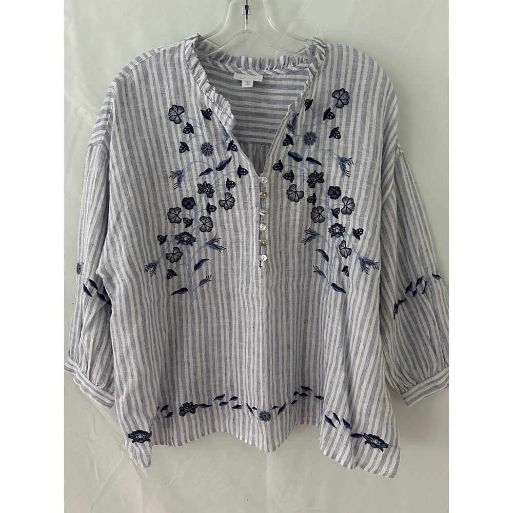 J‎ Jill Love Linen Blue Striped Embroidered Ruffle Neck Blouse Top Petite
